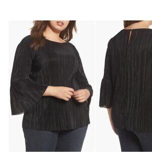 NWT Vince Camuto Women's  Plus Size 3X Pleated Knit Bell Black Sleeve Top Blouse